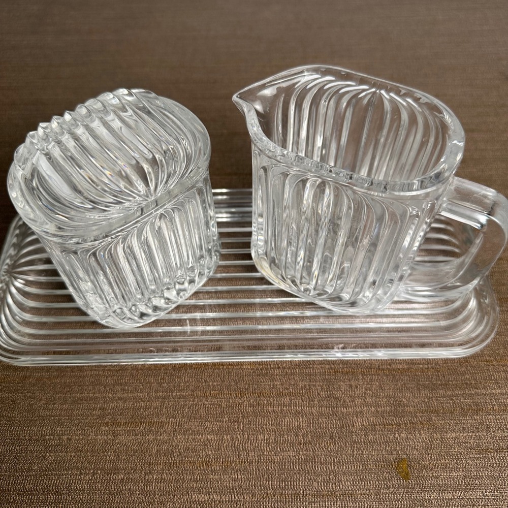 Vintage‎ Villeroy & Boch Ribbed Crystal Creamer & Sugar Set with Tray Art Deco